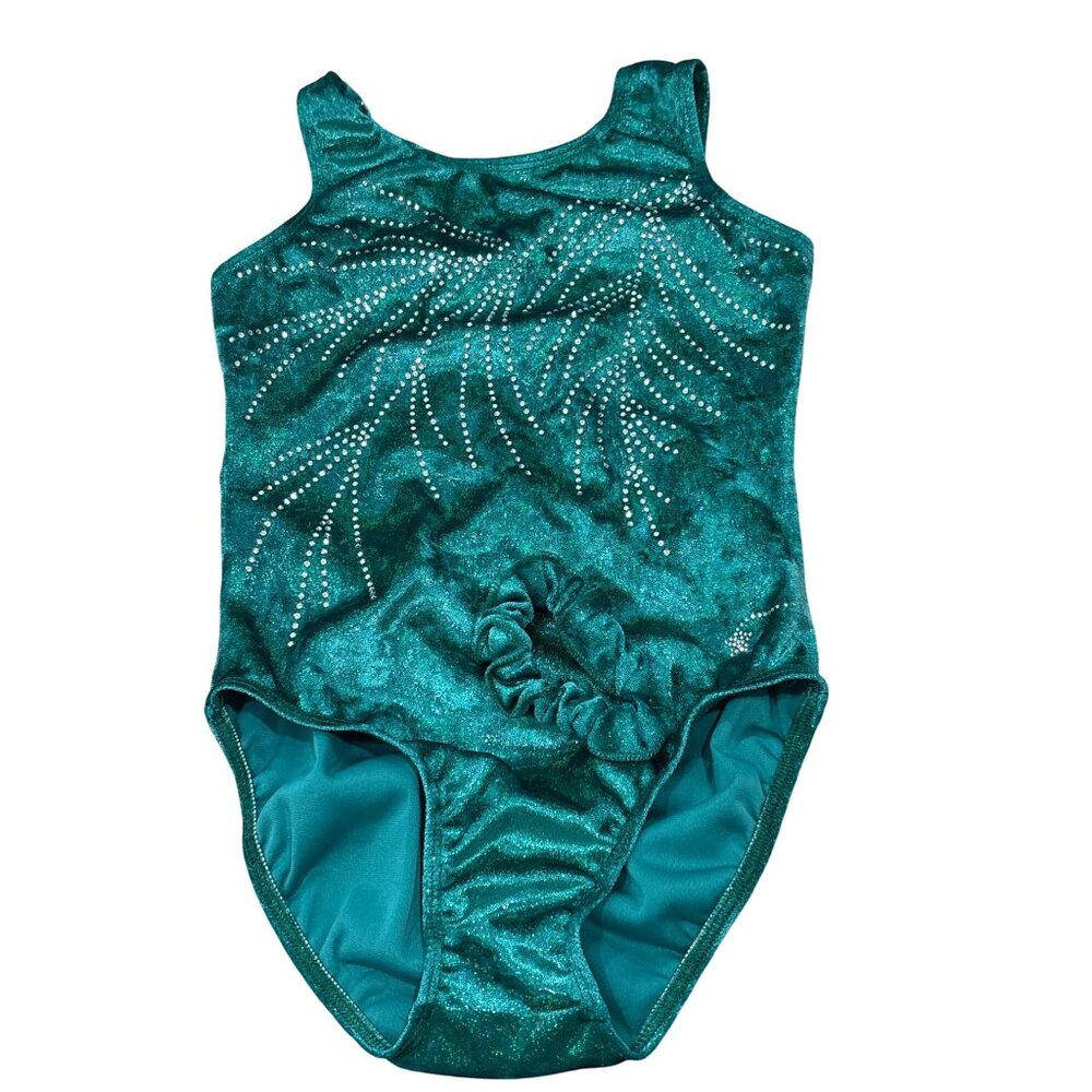 Green Sparkle Destira Gymnastics Leotard Girls XL with Scrunchie